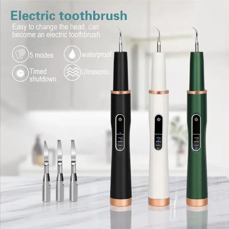 Electric toothbrush with multiple tips, 5 modes, waterproof design, and ultrasonic technology.