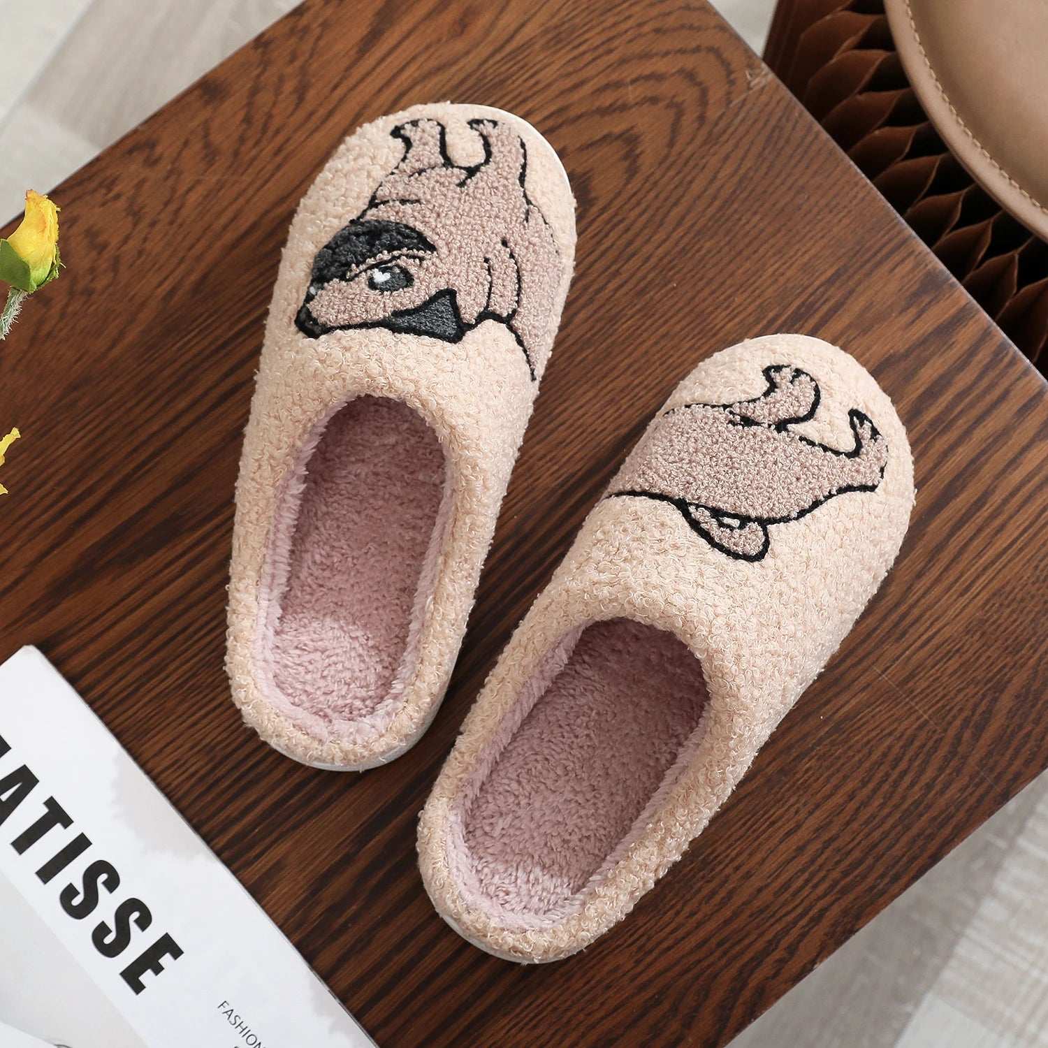 Pet Pattern French Bulldog Embroidery stuffed Home Platform Cozy Furry Cotton Slippers Cute Warm Non-slip Indoor Slippers Pet Mom Gift Men Women Can Wear Lunapaws pet supply