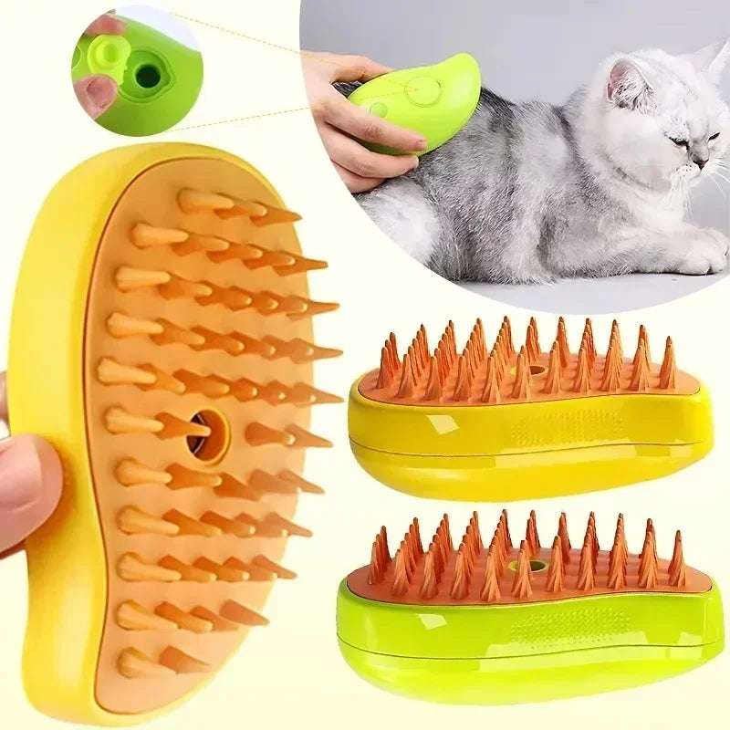 Pet steam brush for cats and dogs, designed to detangle fur, hydrate coats, and reduce shedding with soothing steam.
