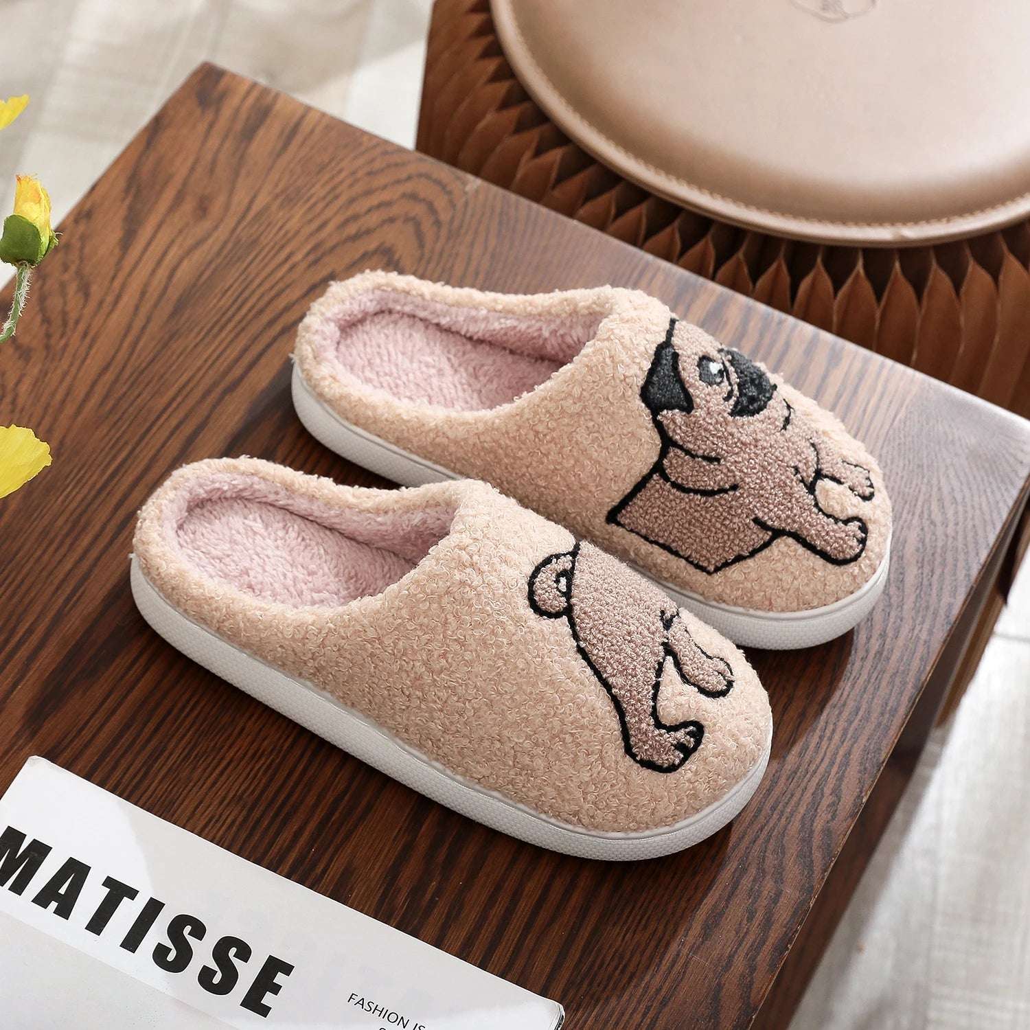 Pet Pattern French Bulldog Embroidery stuffed Home Platform Cozy Furry Cotton Slippers Cute Warm Non-slip Indoor Slippers Pet Mom Gift Men Women Can Wear Lunapaws pet supply