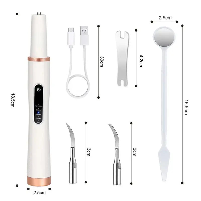 Ultrasonic dog and cat tooth cleaner set with USB charger, multiple tips, and size dimensions for pet dental hygiene.