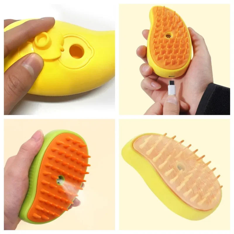 Cat/Dog steam brush with ergonomic design, featuring detangling bristles and detachable steam nozzle for pet grooming.