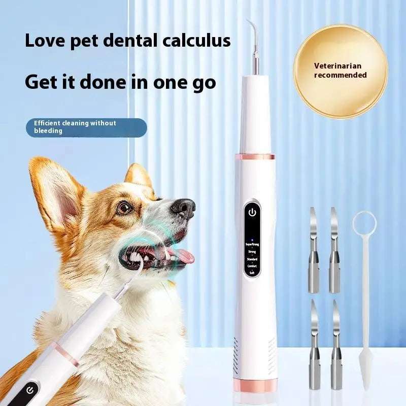 Ultrasonic tooth cleaner for pets with multiple tips, shown on a smiling dog for efficient dental care.
