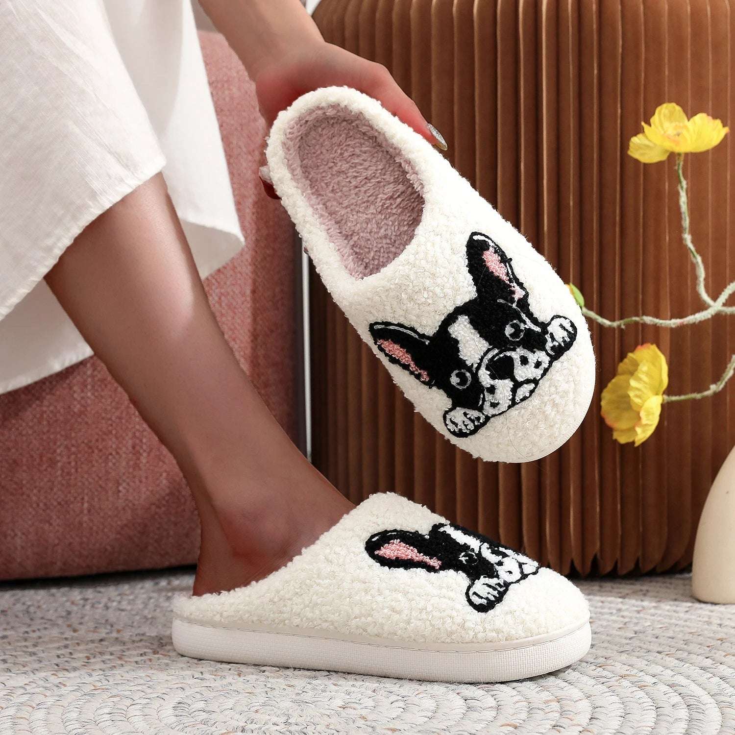 Pet Pattern French Bulldog Embroidery stuffed Home Platform Cozy Furry Cotton Slippers Cute Warm Non-slip Indoor Slippers Pet Mom Gift Men Women Can Wear Lunapaws pet supply