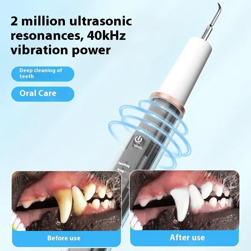 Ultrasonic tooth cleaner for pets, demonstrating deep cleaning effects with before and after images.