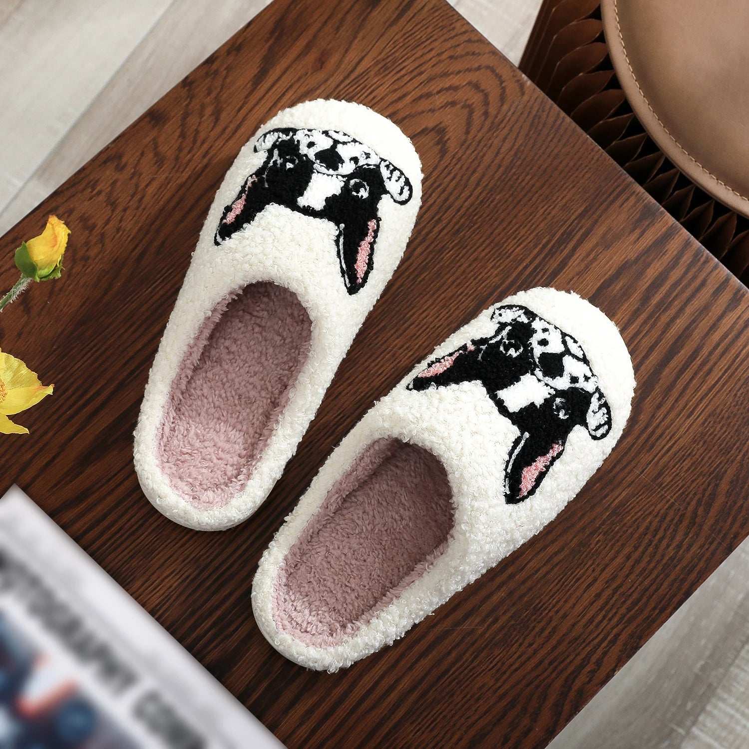 Pet Pattern French Bulldog Embroidery stuffed Home Platform Cozy Furry Cotton Slippers Cute Warm Non-slip Indoor Slippers Pet Mom Gift Men Women Can Wear Lunapaws pet supply