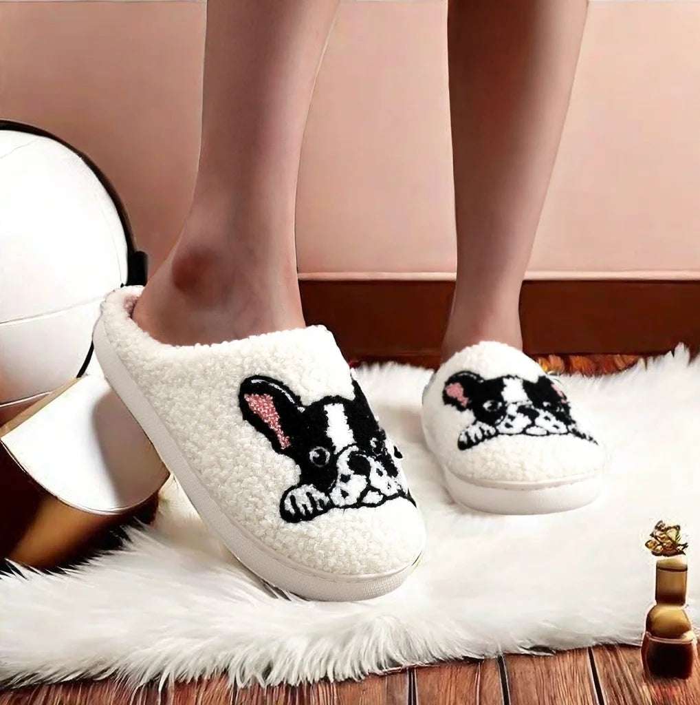 Pet Pattern French Bulldog Embroidery stuffed Home Platform Cozy Furry Cotton Slippers Cute Warm Non-slip Indoor Slippers Pet Mom Gift Men Women Can Wear Lunapaws pet supply