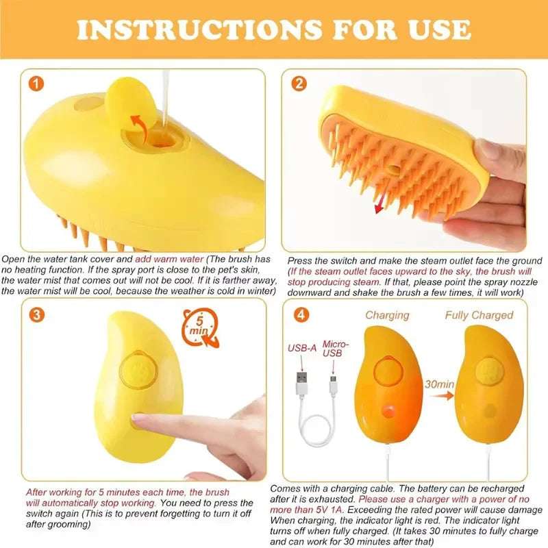 Instructional guide for using the Pet Steam Brush with water tank and charging details.