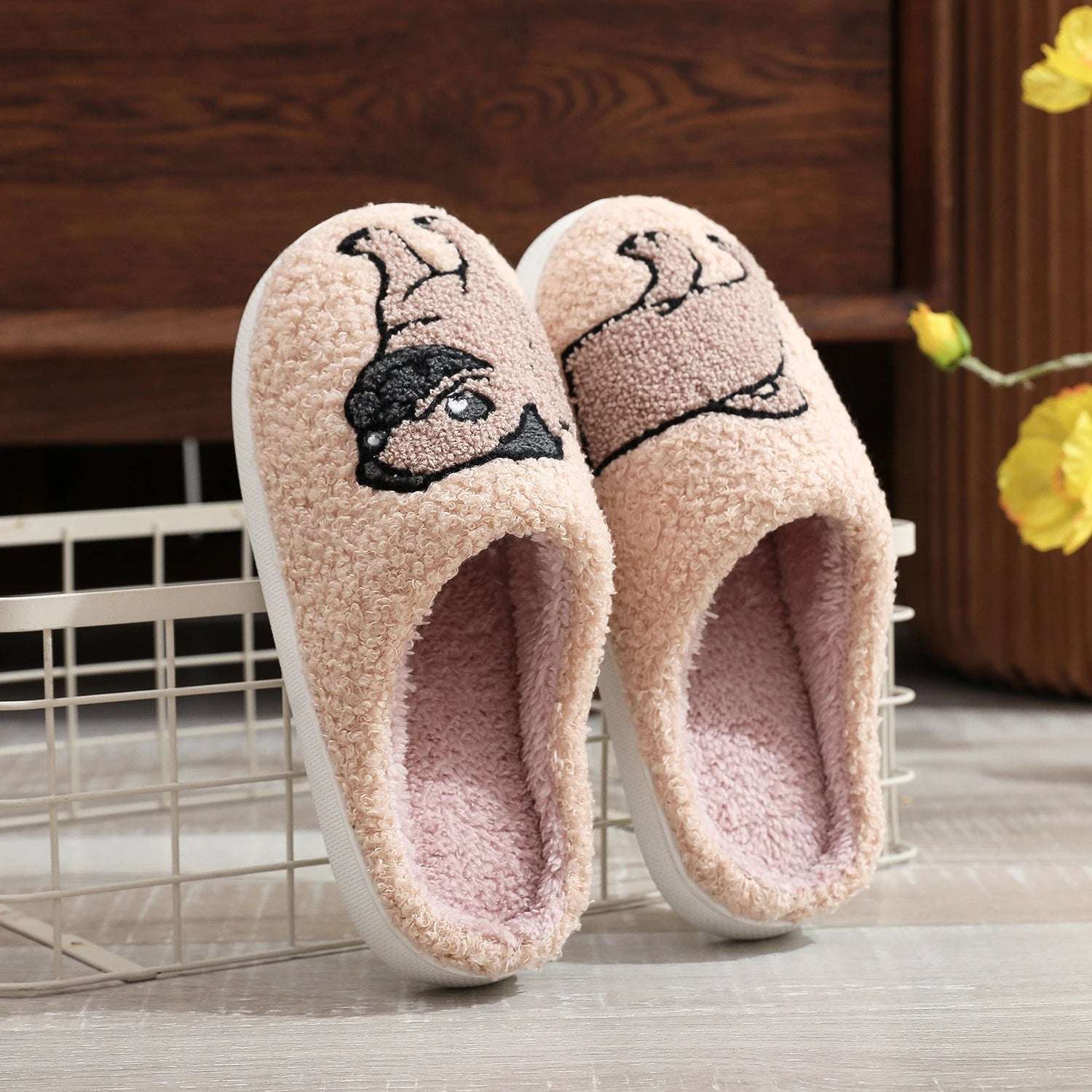 Pet Pattern French Bulldog Embroidery stuffed Home Platform Cozy Furry Cotton Slippers Cute Warm Non-slip Indoor Slippers Pet Mom Gift Men Women Can Wear Lunapaws pet supply