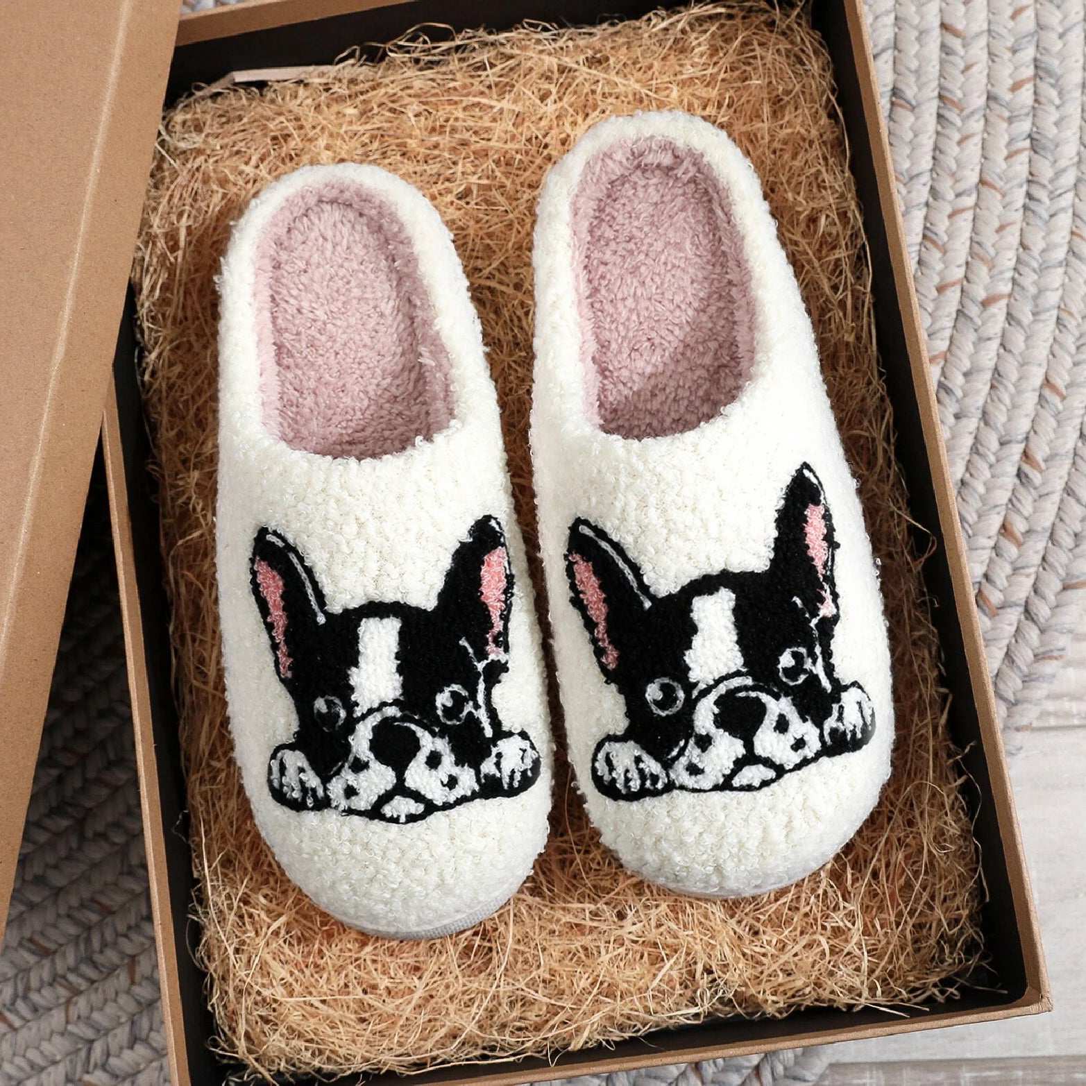 Pet Pattern French Bulldog Embroidery stuffed Home Platform Cozy Furry Cotton Slippers Cute Warm Non-slip Indoor Slippers Pet Mom Gift Men Women Can Wear Lunapaws pet supply