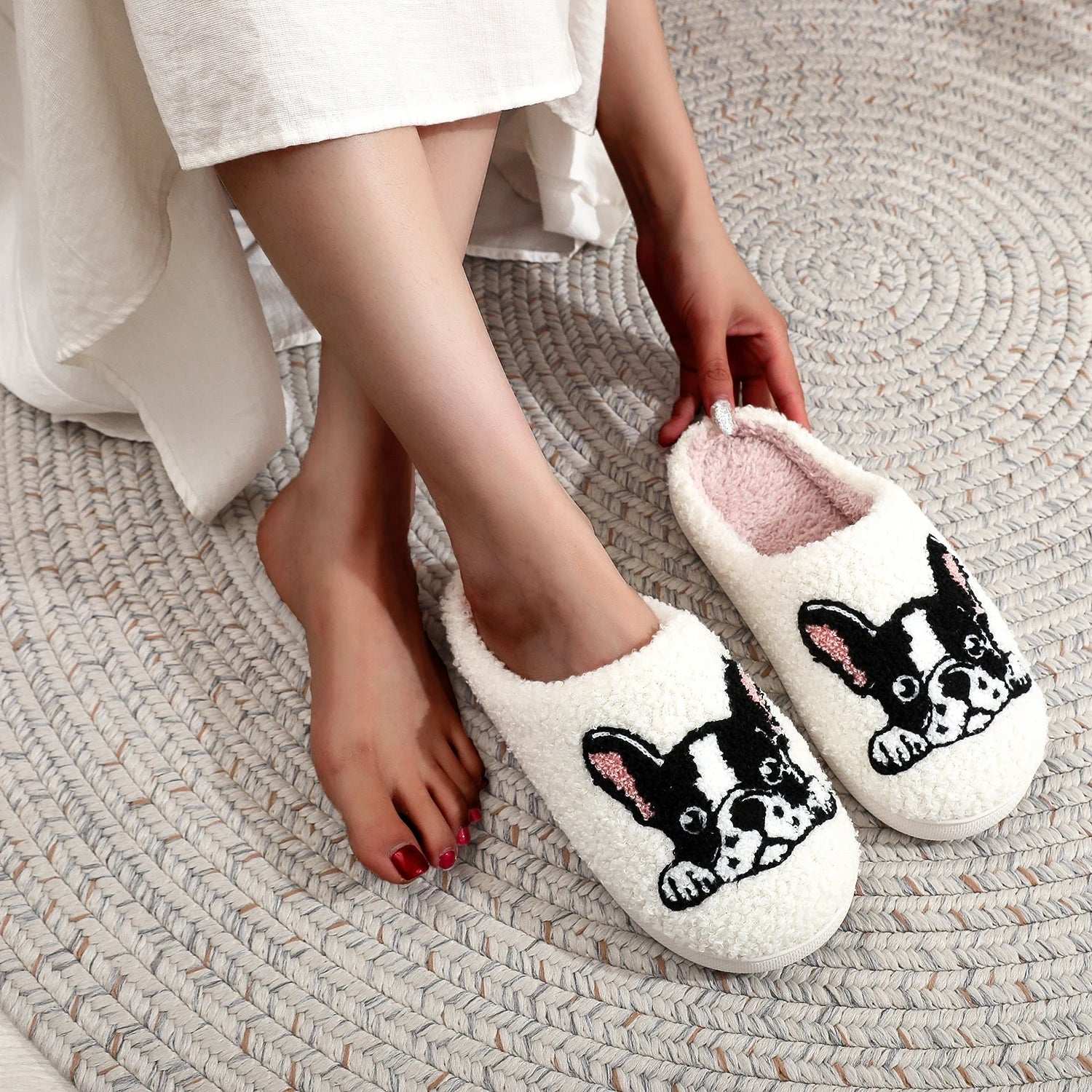 Pet Pattern French Bulldog Embroidery stuffed Home Platform Cozy Furry Cotton Slippers Cute Warm Non-slip Indoor Slippers Pet Mom Gift Men Women Can Wear Lunapaws pet supply