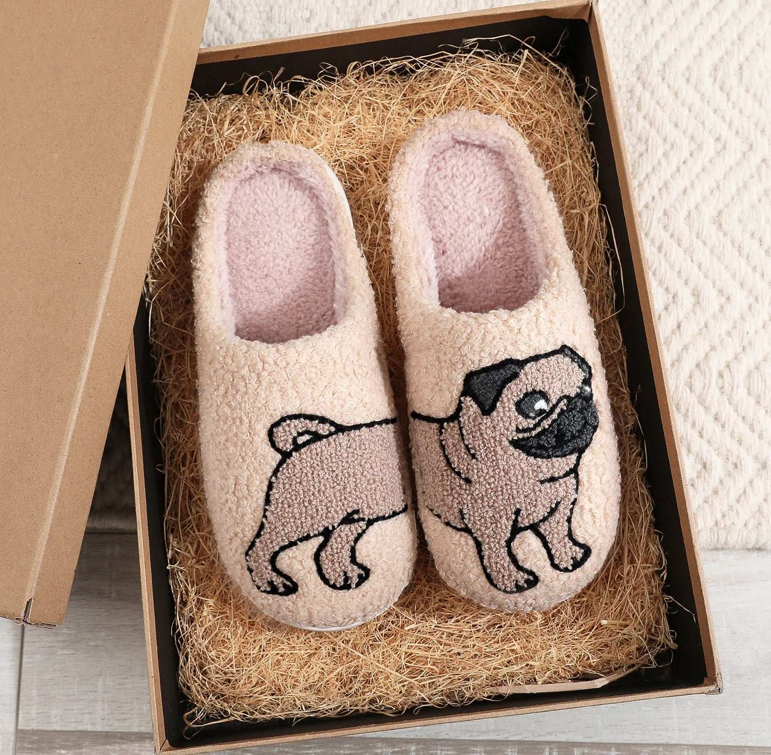 Pet Pattern French Bulldog Embroidery stuffed Home Platform Cozy Furry Cotton Slippers Cute Warm Non-slip Indoor Slippers Pet Mom Gift Men Women Can Wear Lunapaws pet supply