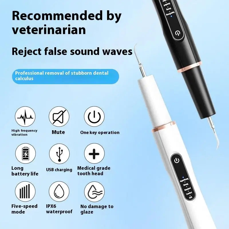 Ultrasonic tooth cleaner for pets with five-speed modes, USB charging, and waterproof design, recommended by veterinarians.