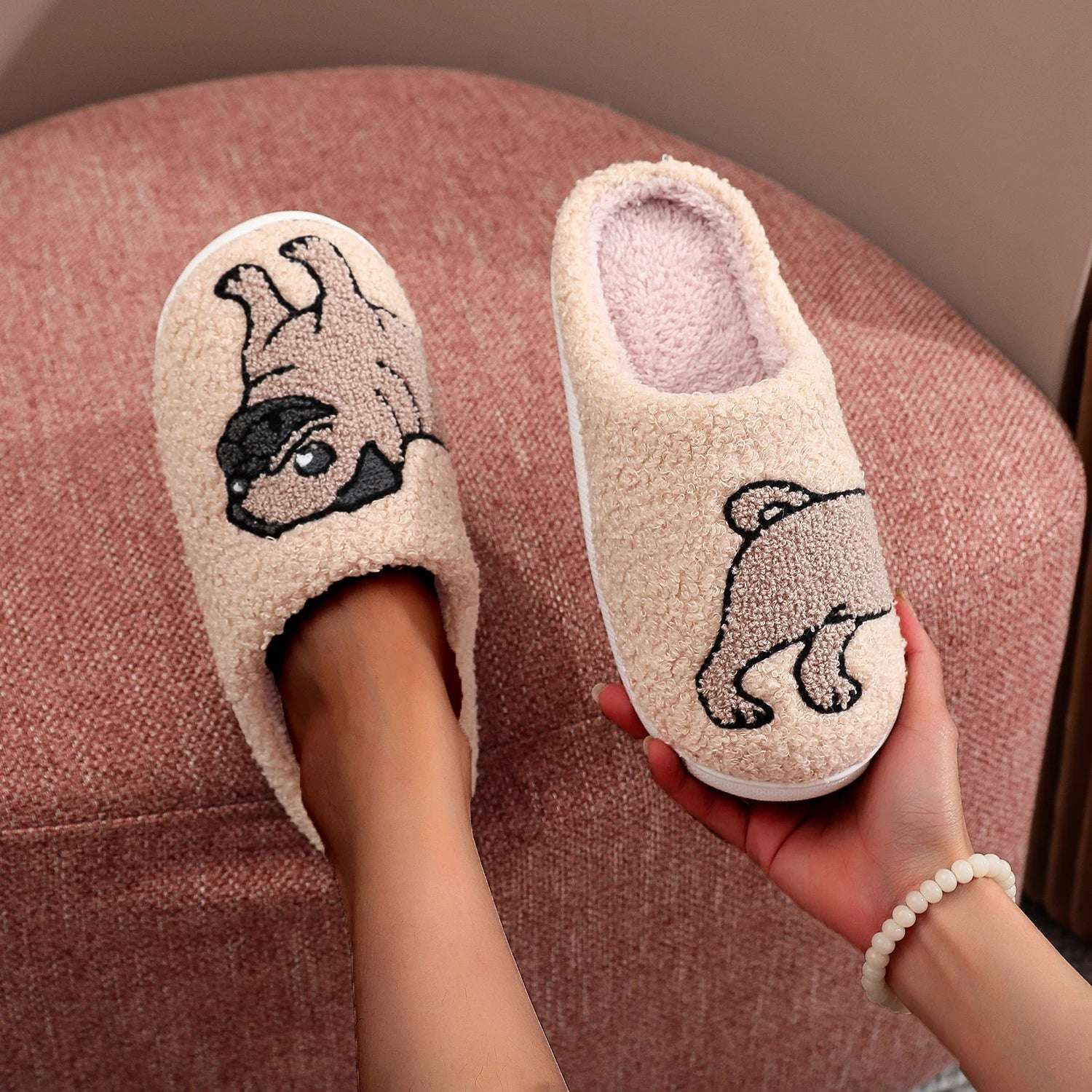 Pet Pattern French Bulldog Embroidery stuffed Home Platform Cozy Furry Cotton Slippers Cute Warm Non-slip Indoor Slippers Pet Mom Gift Men Women Can Wear Lunapaws pet supply