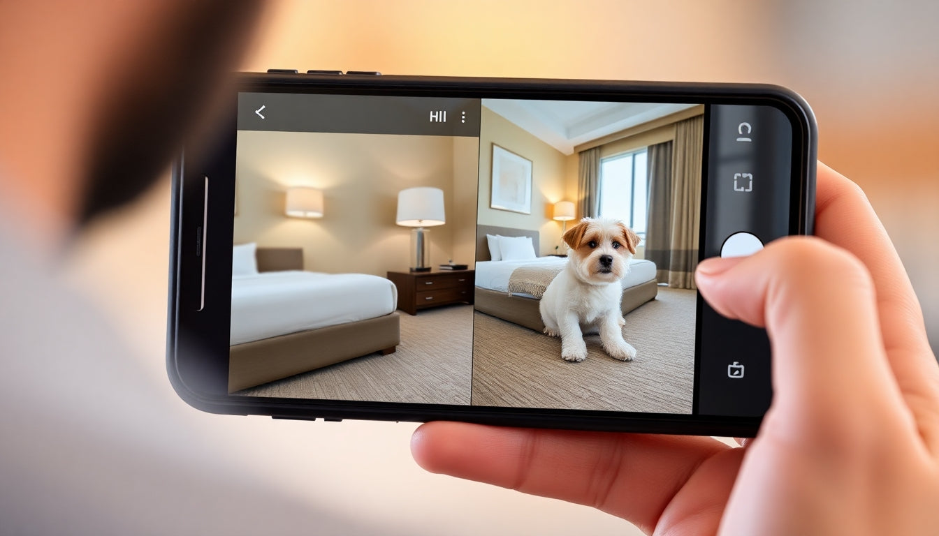 A cell phone being held by a hand is displaying a hotel room on its screen. On half of the screen, a white dog sits on the bed in the hotel room.