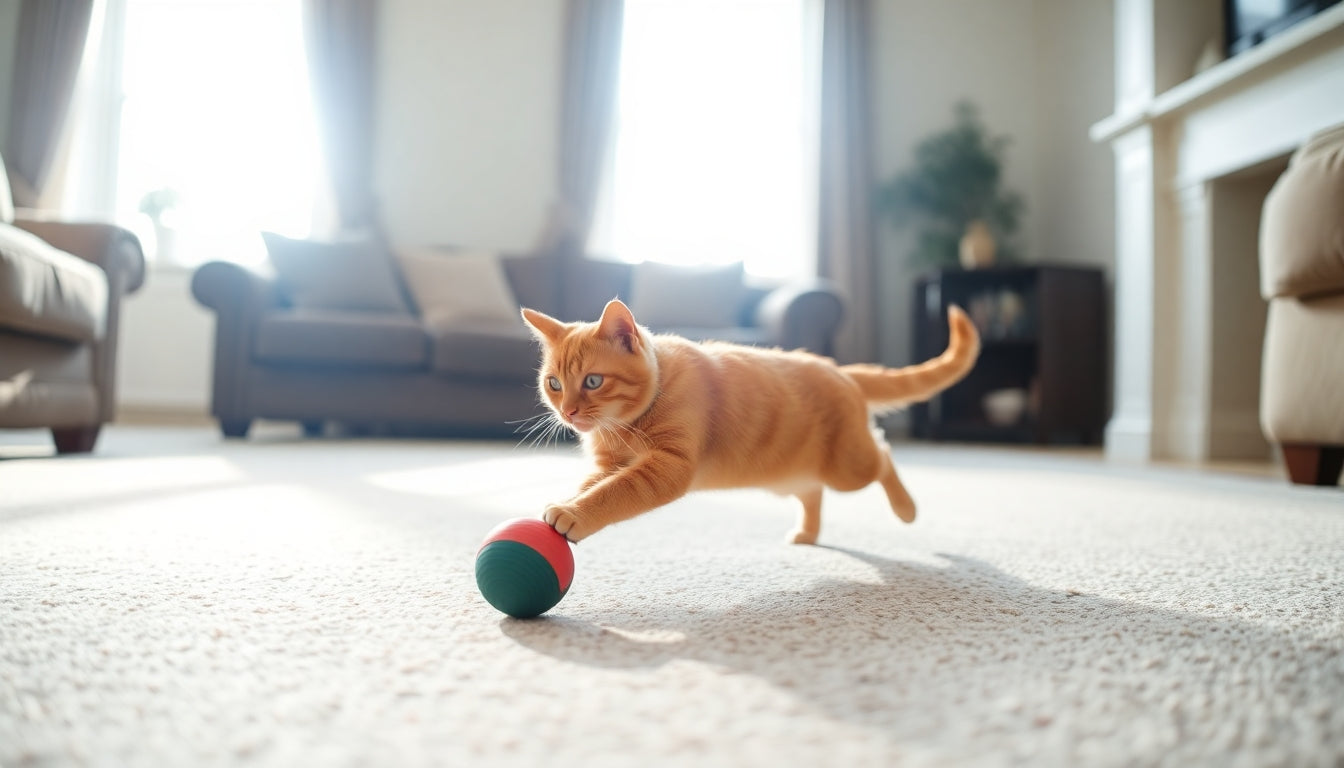 An orange tabby cat is shown mid-leap, paws outstretched towards a green and red ball on a cream-colored carpet in a sunlit room.